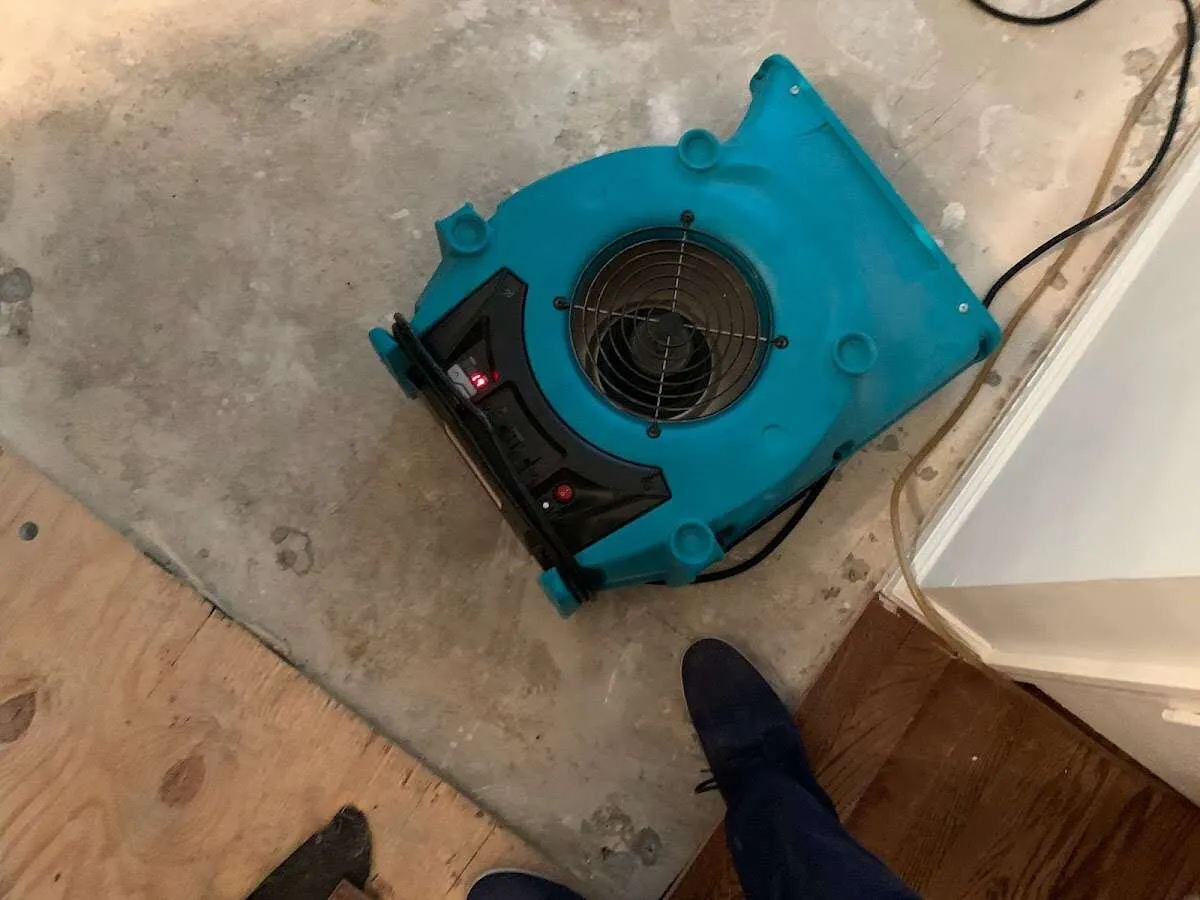 Air mover drying subfloor during Commercial Water Damage Restoration in Brookfield